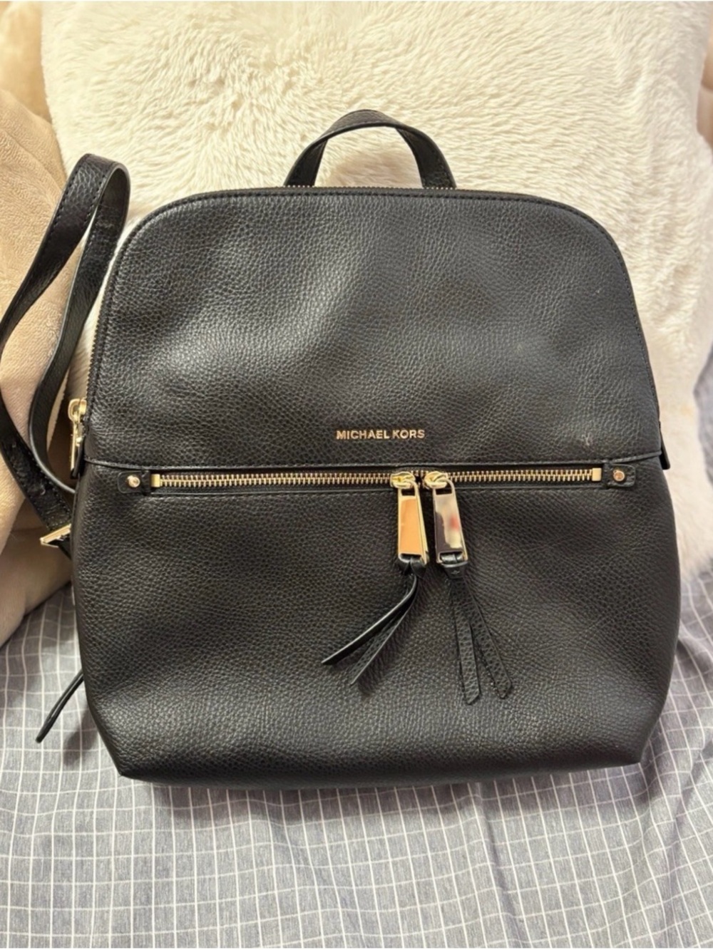 Michael Kors Black Leather Backpack with Gold-Tone Accents